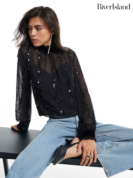 Black - River Island Long Sleeve Sequin Tie-back Top