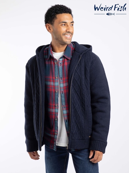 Blue - Regular Weird Fish Brodhi Borg Lined Cable Full Zip Knit Hoodie