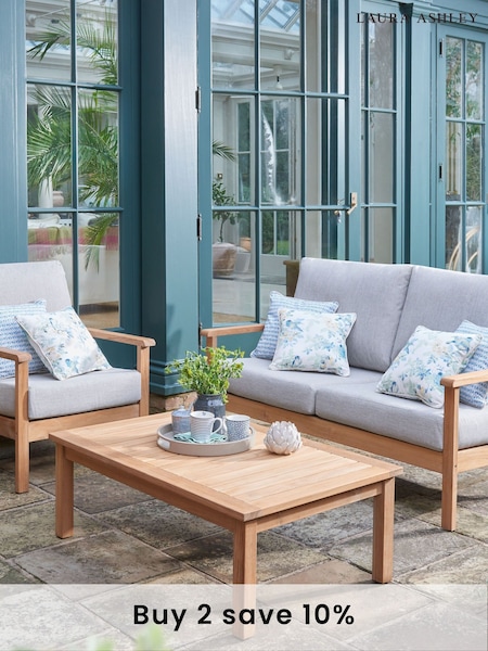 Laura Ashley Natural Garden Salcey Teak Lounging Set With Saunton Dove Grey Cushions (858157) | £2,165