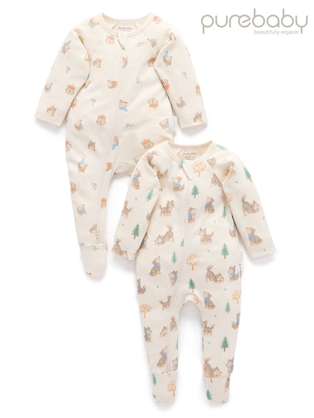 Cream - Purebaby 2 Pack Footed Two-way Zip Printed Sleepsuit
