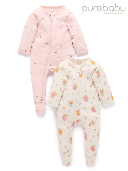 Pink - Purebaby 2 Pack Footed Two-way Zip Printed Sleepsuit