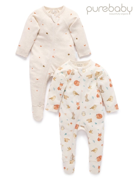 Cream - Purebaby 2 Pack Footed Two-way Zip Printed Sleepsuit