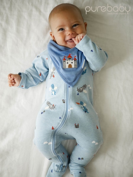 Blue - Purebaby Thick Footed Two-way Zip Sleepsuit & Bib Set