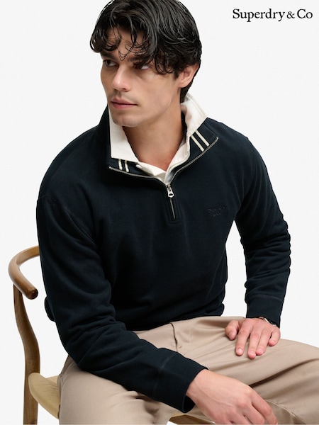 Navy Blue - Regular Superdry Essential Serif Logo Half Zip Sweat Top
