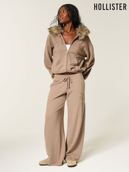 Brown - Hollister Graphic Logo Zip-through Hoodie With Fur Trim