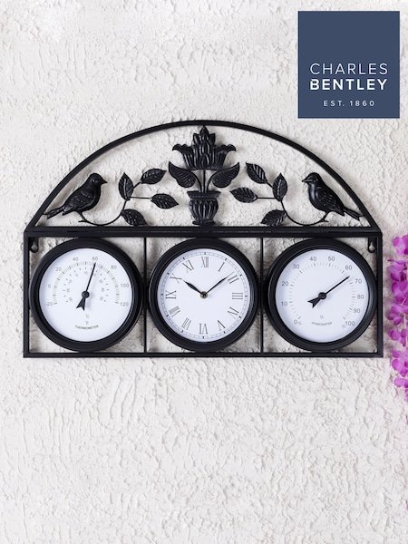 Charles Bentley Black Outdoor Garden Wall Clock with Thermometer Hygrometer (862544) | £30