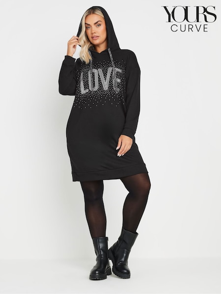 Yours Curve Black Diamante Embellished 'Love' Hoodie Dress (862971) | £33