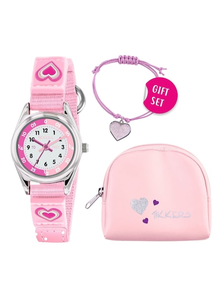 Peers Hardy Tikkers Girls Pink Canvas Rip Strap Heart Watch, Purse and Bracelet Set (863038) | £20