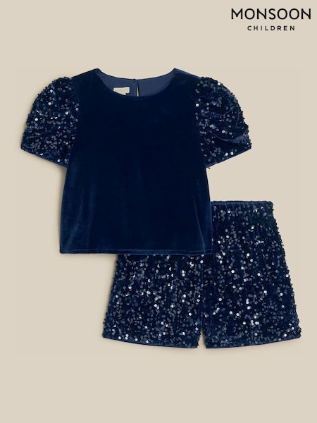 Blue - Monsoon Iona Sequin Velvet T-shirt & Shorts Set