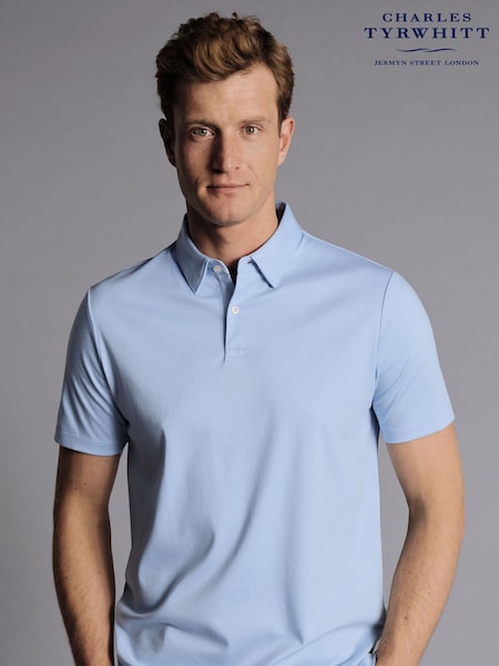 Charles Tyrwhitt Blue Plain 100% Cotton Short Sleeve Jersey Polo Shirt (865362) | £60