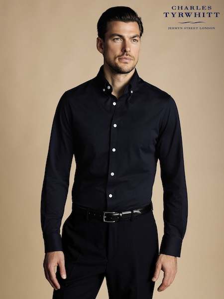 Charles Tyrwhitt Blue Dark Four Way Stretch Button Down Jersey Shirt (865811) | £75