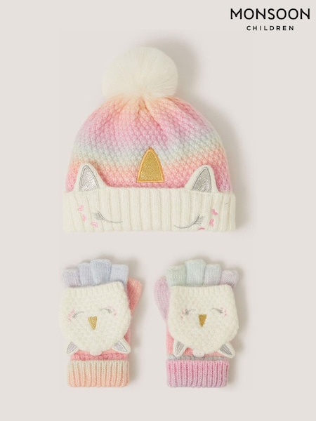 Pink - Monsoon Unicorn Ombré Hat & Gloves Set