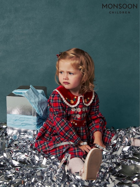 Red - Monsoon Baby Robin Tartan Print Christmas Dress