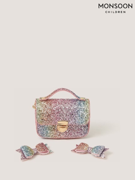 Pink - Monsoon Rainbow Glitter Satchel Bag & Hair Clips Set