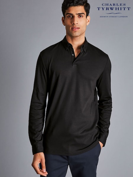 Charles Tyrwhitt Black 100% Cotton Plain Long Sleeve Jersey Polo Shirt (866341) | £65