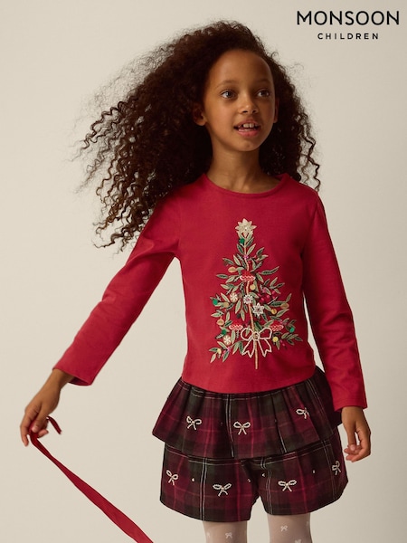 Red - Monsoon Christmas Tree Top & Tartan Skort Set