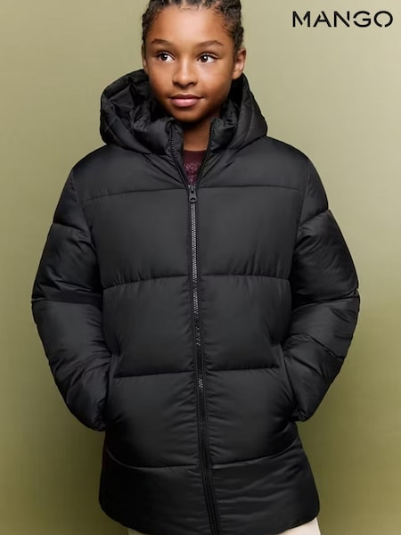 Black - Mango Hooded Puffer Amerlong Coat