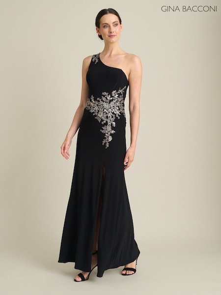 Black - Gina Bacconi Celina One Shoulder Dress With Beading