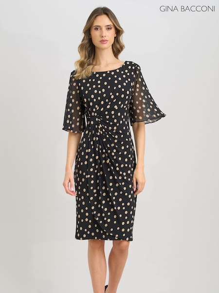 Black - Gina Bacconi Greta Spot Print Faux Wrap Dress