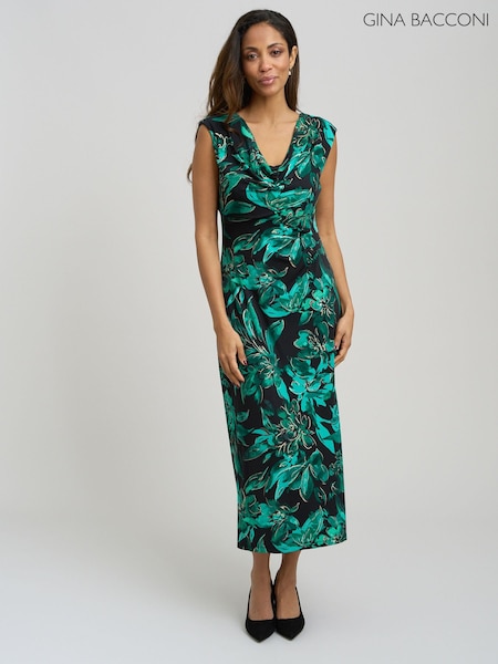 Green - Gina Bacconi Hatty Floral Cowl Neck Midi Dress