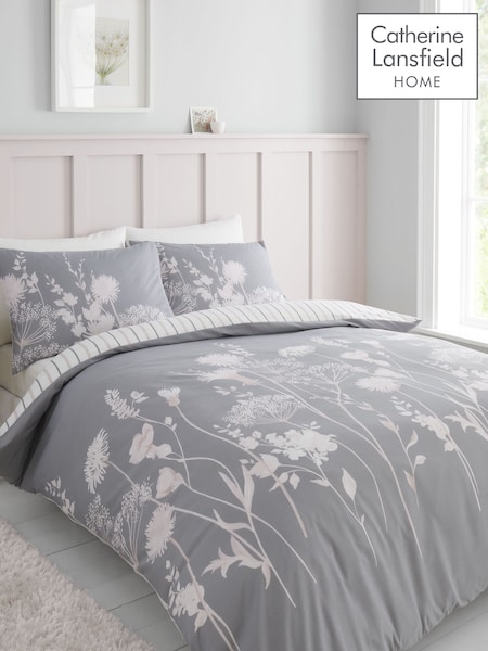 Catherine Lansfield Pink/Grey Meadowsweet Floral Reversible Duvet Cover Set (868119) | £17 - £35