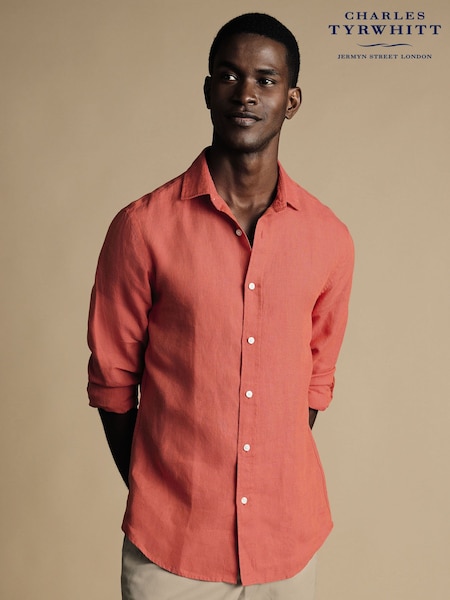Charles Tyrwhitt Pink Plain Pure 100% Linen Slim Fit Shirt (869276) | £75