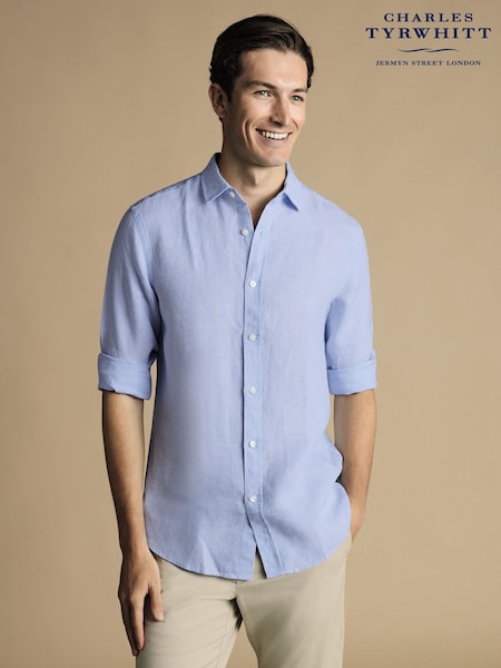 Charles Tyrwhitt Blue Slim Fit Plain Pure 100% Linen Shirt (869457) | £75