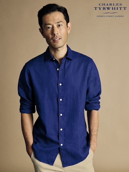 Charles Tyrwhitt Blue Plain Pure 100% Linen Slim Fit Shirt (869663) | £75