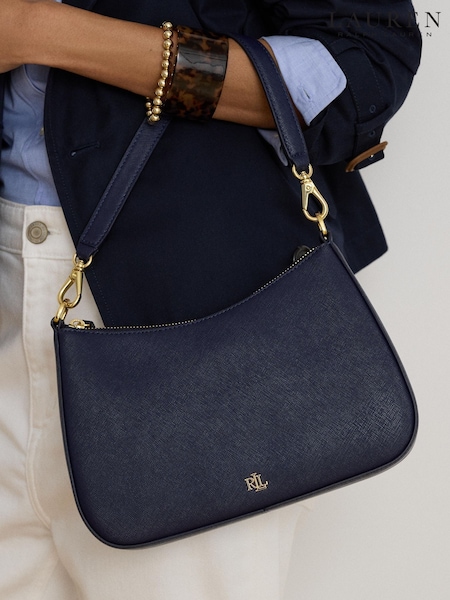 Blue - Lauren Ralph Lauren Danni 26 Crosshatch Leather Shoulder Bag