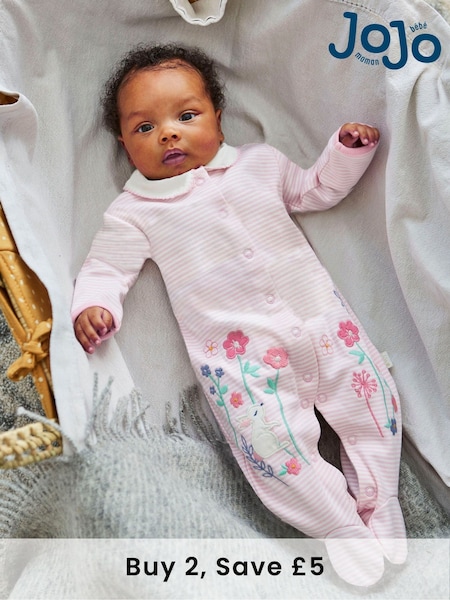 JoJo Maman Bébé Pink Bunny Appliqué Cotton Baby Sleepsuit (86J487) | £21