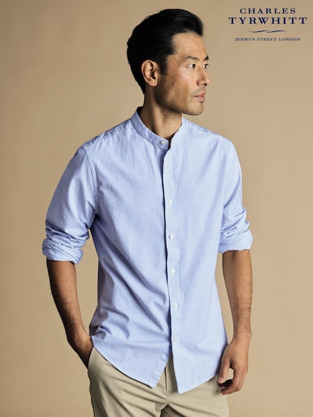 Charles Tyrwhitt Blue Slim Fit Stripe Stretch Washed Oxford Collarless 100% Cotton Shirt (870958) | £65