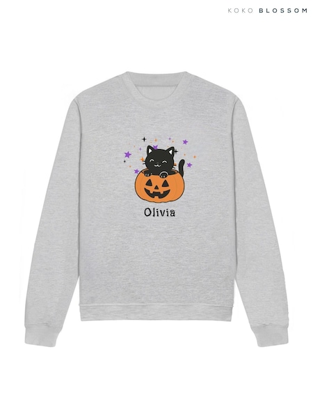 Grey - Personalised Kid's Pumpkin Cat Halloween Sweatshirt By Koko Blossom