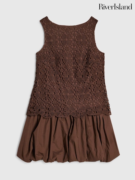 Brown - River Island Petite Crochet Hybrid Mini Dress