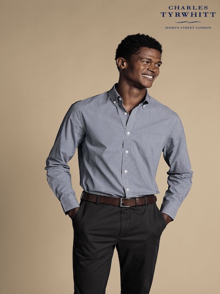 Charles Tyrwhitt Blue Slim Fit Mini Gingham Non-Iron Stretch Poplin 100% Cotton Shirt (873308) | £70