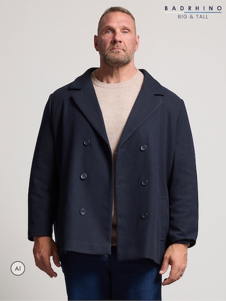 Blue - Regular Badrhino Big & Tall Double Breasted Pea Coat