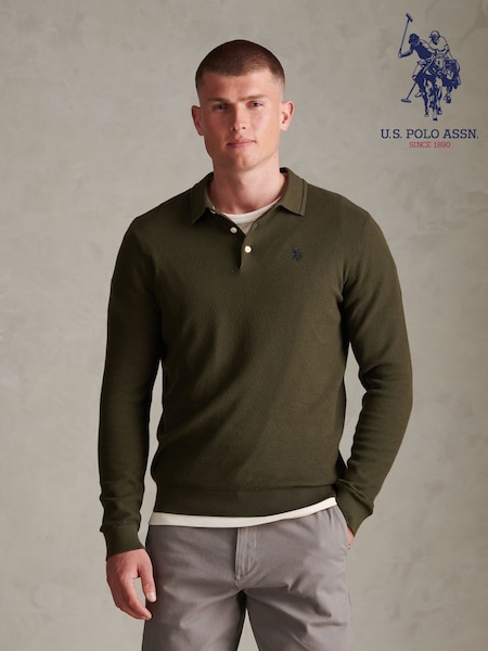 Green - Regular U.s. Polo Assn. Moss Stitch Long Sleeve Knit Polo Shirt