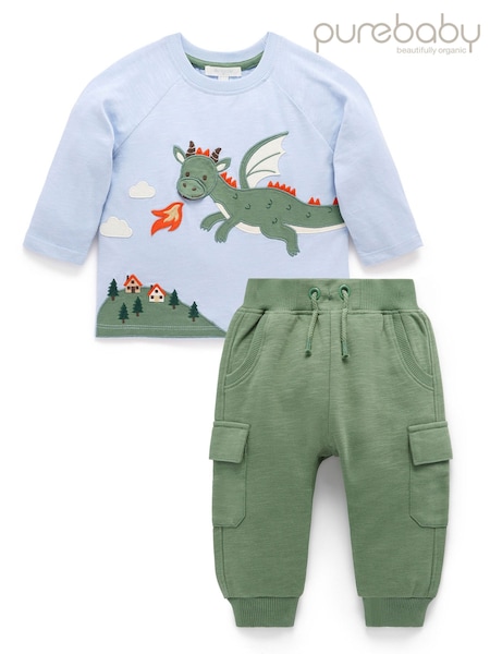 Blue - Purebaby Dragon Longsleeve Tee & Cargo Pant Set