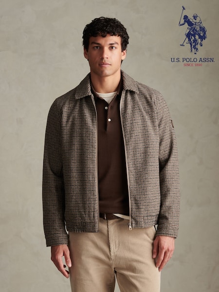 Brown - Regular U.s. Polo Assn. Houndstooth Zip Through Bomber Jacket