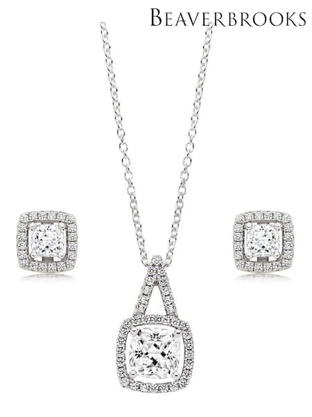 Beaverbrooks Sterling Silver Halo Cubic Zirconia Pendant & Earrings Set (882100) | £135