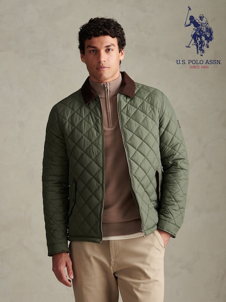 Green - Regular U.s. Polo Assn. Diamond Quilt Padded Collared Jacket