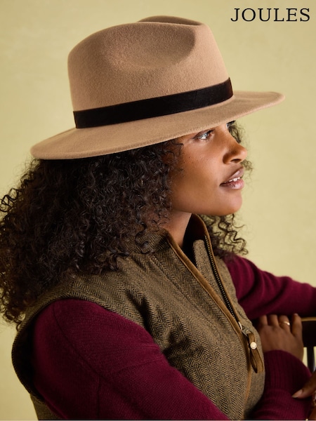 Joules Maude Brown Wool Fedora Hat (882323) | £40