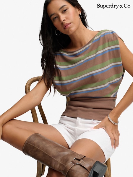 Brown - Superdry Deep Rib Stripe Bardot Top