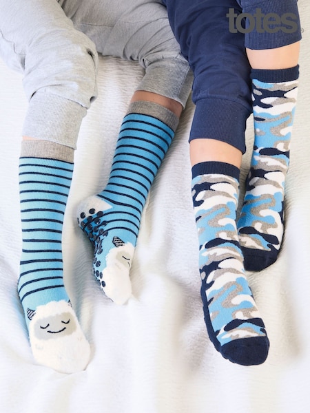 Blue - Totes Younger Childrens Original Slippers Socks 2 Pack