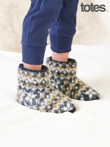 Blue - Totes Childrens Fair Isle Knitted Boot Slippers