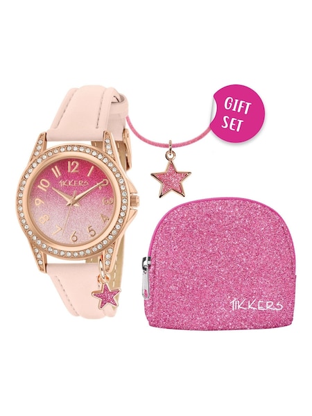Peers Hardy Girls Pink PU Tikkers Strap Glitter Watch, Necklace And Purse Set (884800) | £20