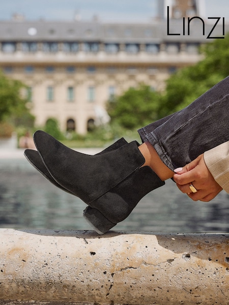 Black Suede - Linzi Outline Low Block Heeled Ankle Boots
