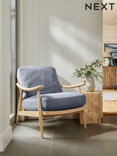 Fine Chenille Granite Blue, Light Oak Effect Frame Hampton Wooden Accent Chair (888946) | £325