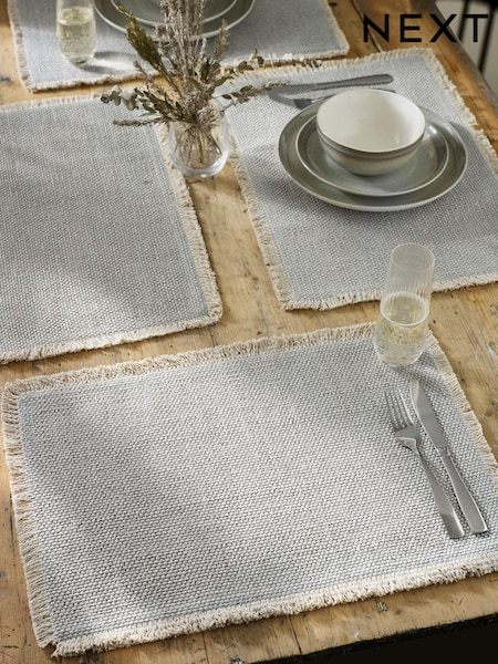 Set of 4 Grey Woven Fringe Edge 100% Cotton Fabric Placemats (889315) | £24
