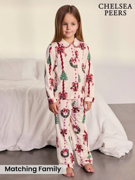 Natural - Chelsea Peers Kids Christmas Ribbon Stripe Print Long Pyjamas Set