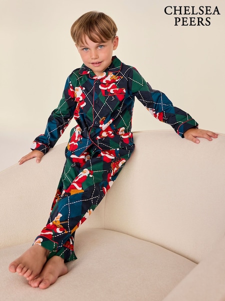 Blue - Chelsea Peers Kids Cotton Argyle Musical Santa Print Long Pyjamas Set